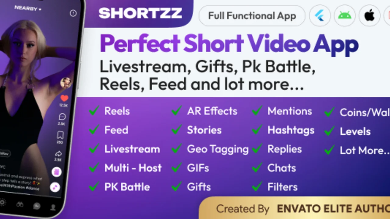 Shortzz Tiktok Clone Short Video App Live Streaming, PK Battle, Feed, Story Flutter and Laravel