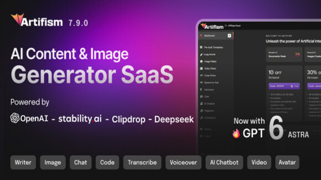 Artifism v7.8.0 Nulled – AI Content, Image, Video, Chat, Chatbot, Voiceover &Code Generator SaaS Scr